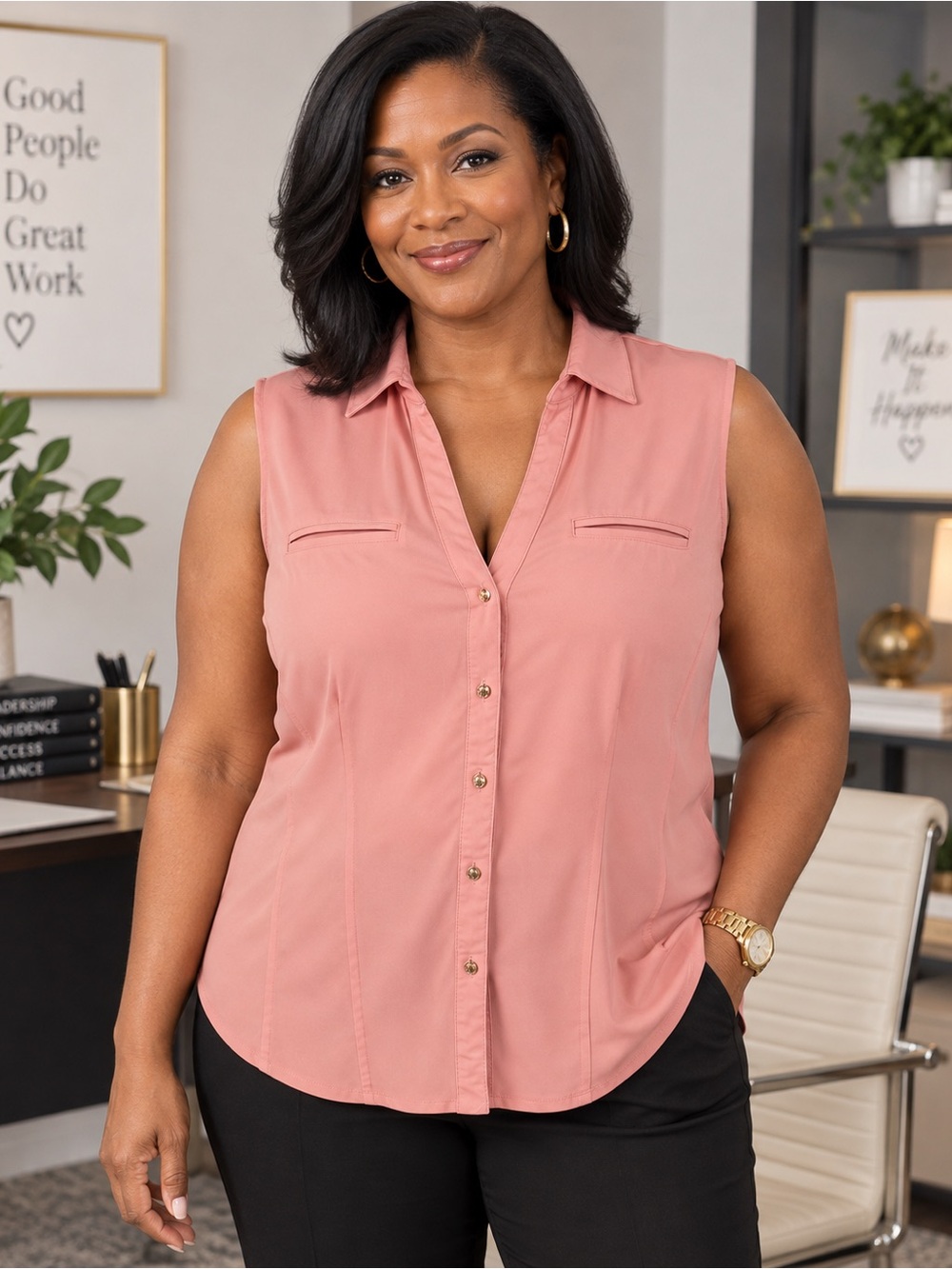 New York & Company 7th Avenue Womens L Pink Sleeveless Button Front Blouse